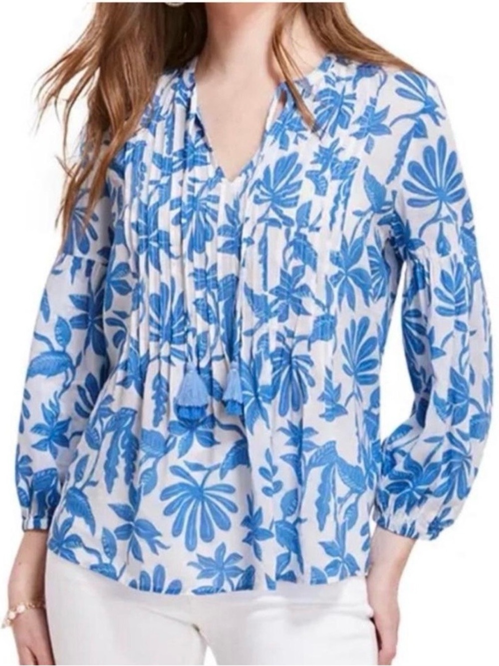 Tahari Blue and White Floral Pintuck Peasant Blouse